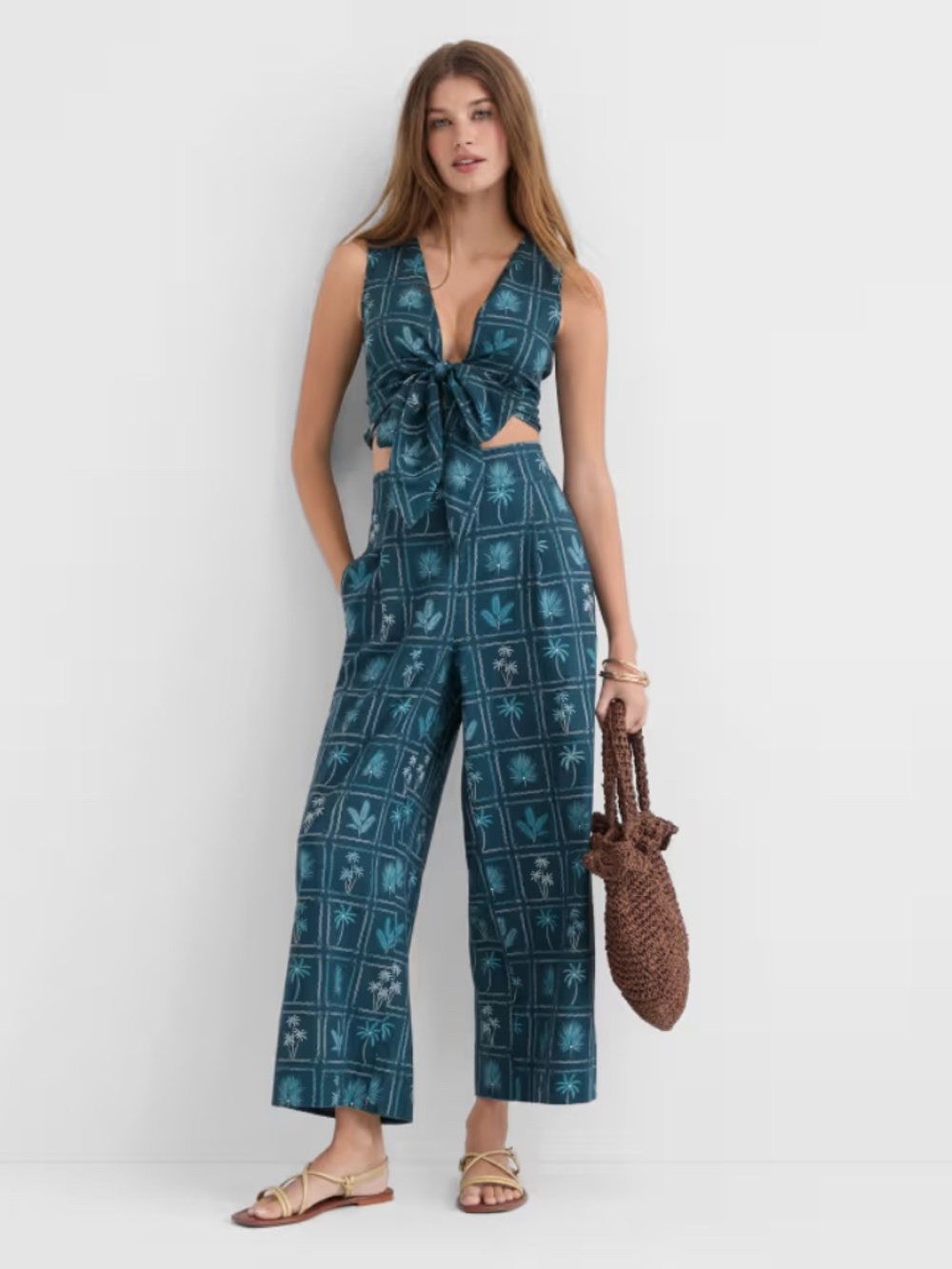 LOFT Beach 2-Piece Linen Blend Palm Print Set - M Top / S Pants (2 piece set)